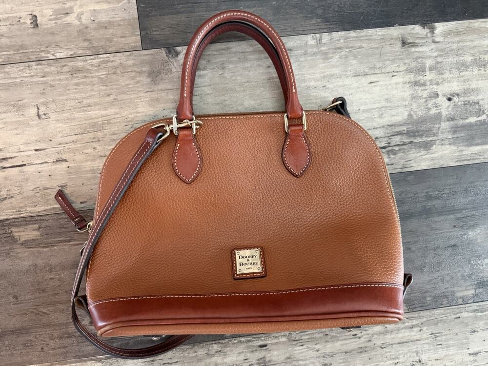 Dooney & Bourke Pebble Leather Domed Satchel Brown Red Lining Shoulder Strap